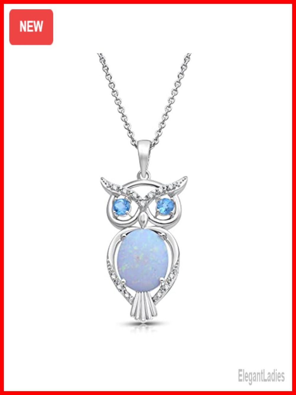 Sterling Silver Owl Pendant Necklace with Opal, Swiss Blue Topaz and Diamonds,